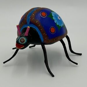 Mexican Folk Art Sculpted Wood Ladybug Hand Painted Bright Colorful Floral